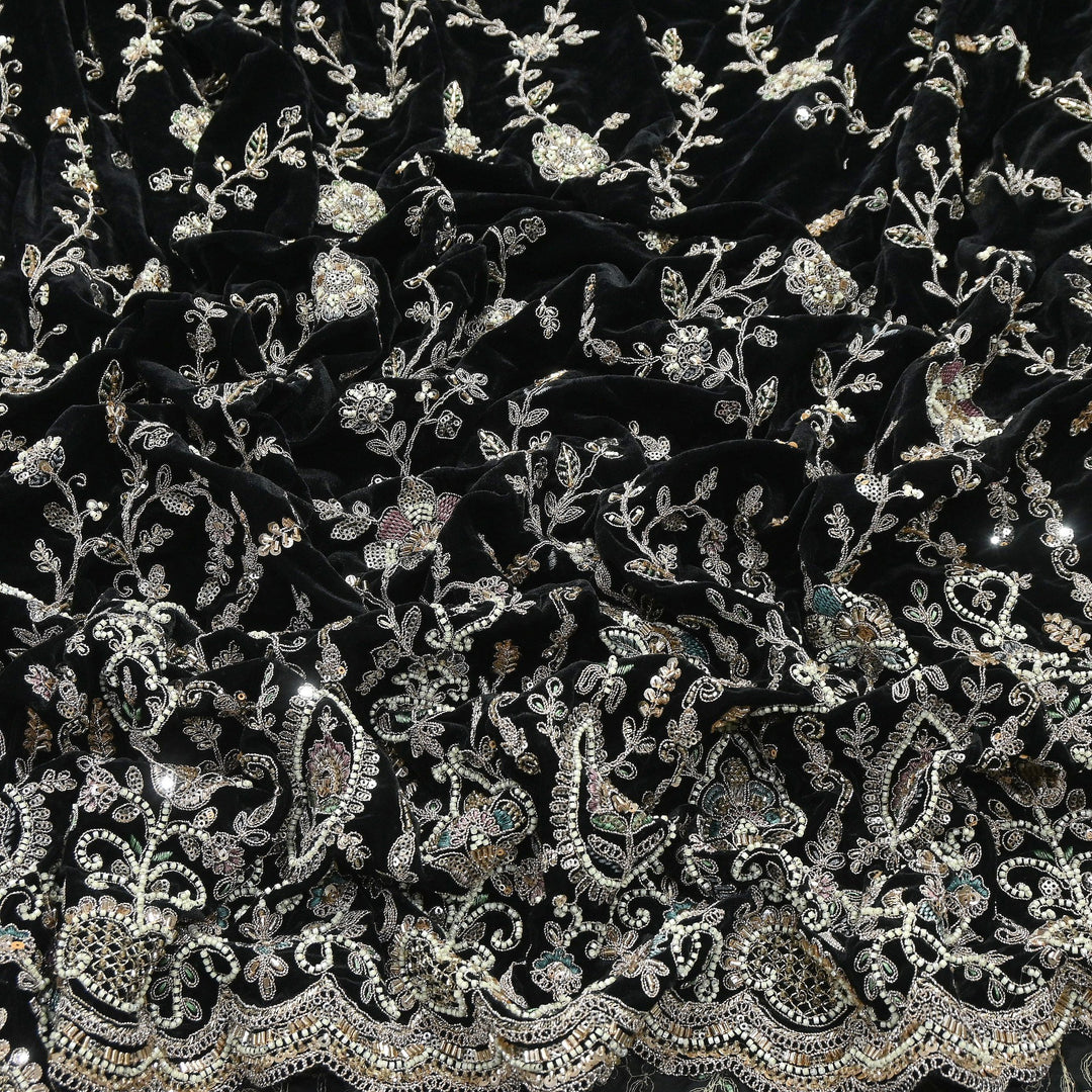 Luxury Velvet Zari Moti & Sequins Embroidery Fabric 54" – Premium Designer Velvet Fabric | K71432