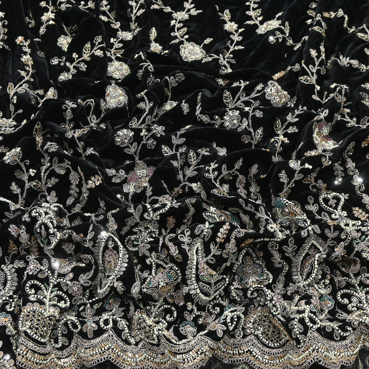 Luxury Velvet Zari Moti & Sequins Embroidery Fabric 54" – Premium Designer Velvet Fabric | K71432