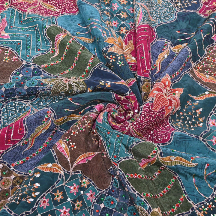 Multi Color Crape Position Print Handwork Sequins Embroidery Fabric | PS0705-05