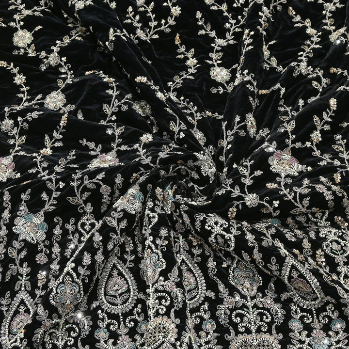 Luxury Velvet Zari Moti & Sequins Embroidery Fabric 54" – Premium Designer Velvet Fabric | K71432