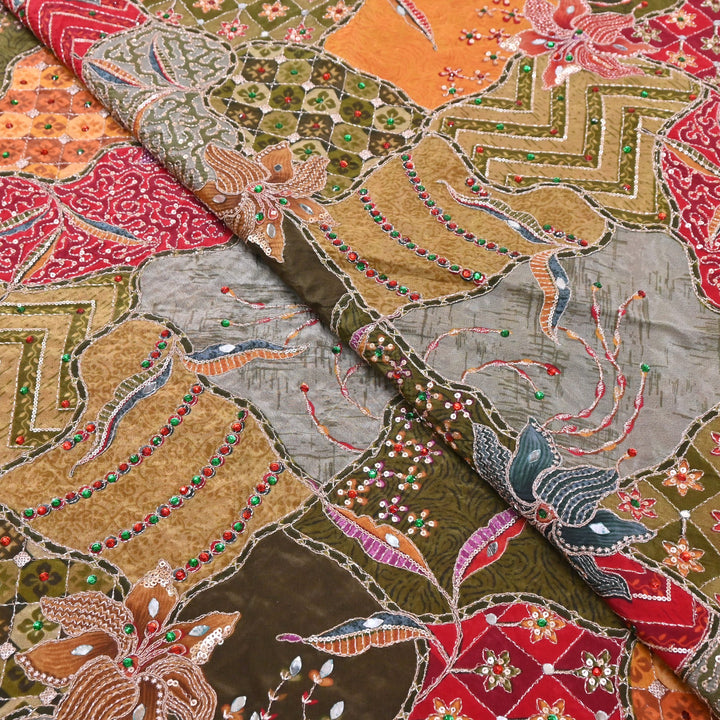 Multi Color Crape Position Print Handwork Sequins Embroidery Fabric | PS0705-06