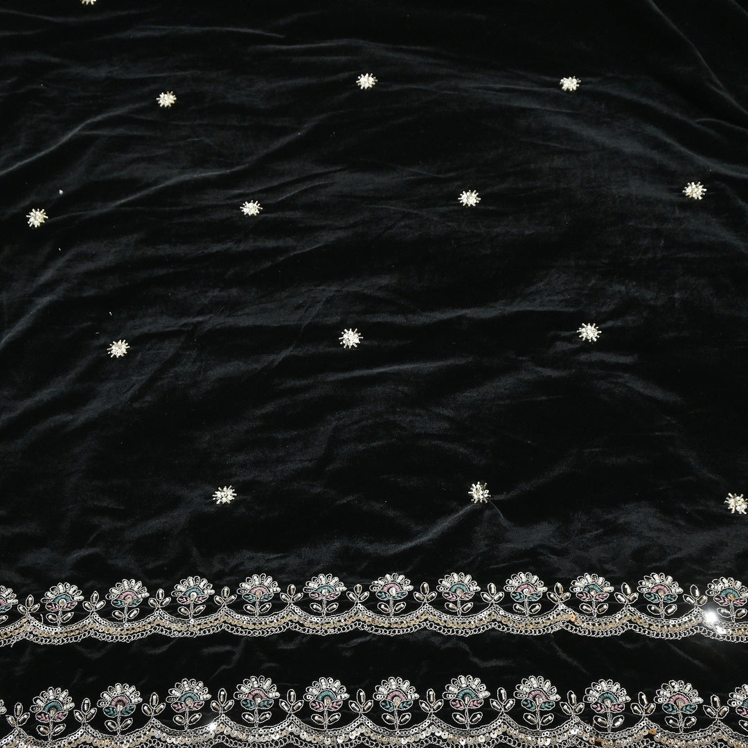 Premium Velvet Zari Moti & Sequins Embroidery Fabric – Luxury Designer Velvet Fabric | KO71432