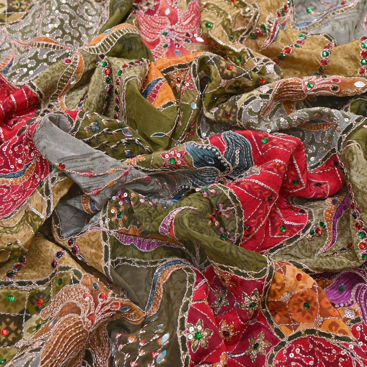 Multi Color Crape Position Print Handwork Sequins Embroidery Fabric | PS0705-06