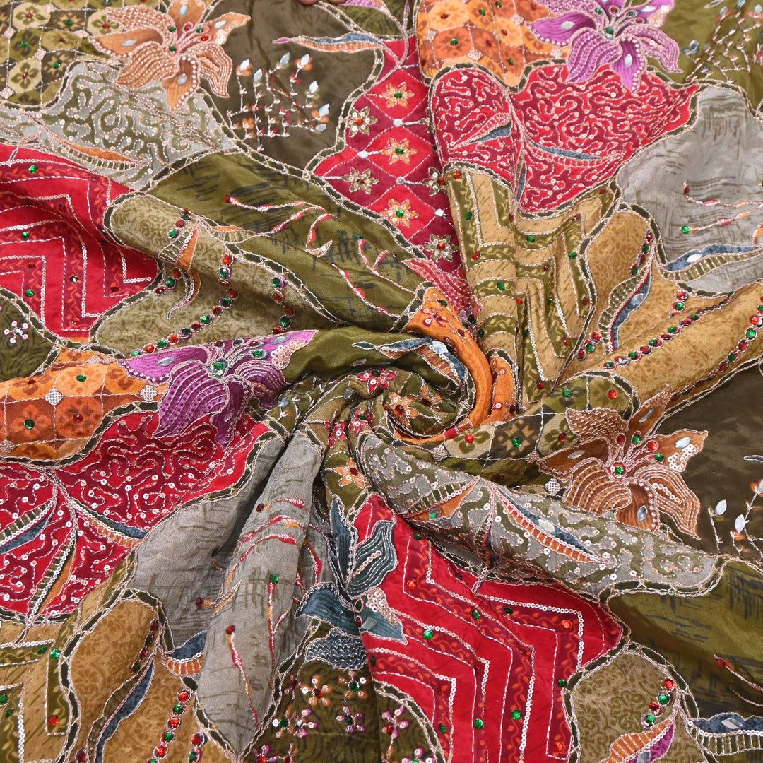 Multi Color Crape Position Print Handwork Sequins Embroidery Fabric | PS0705-06