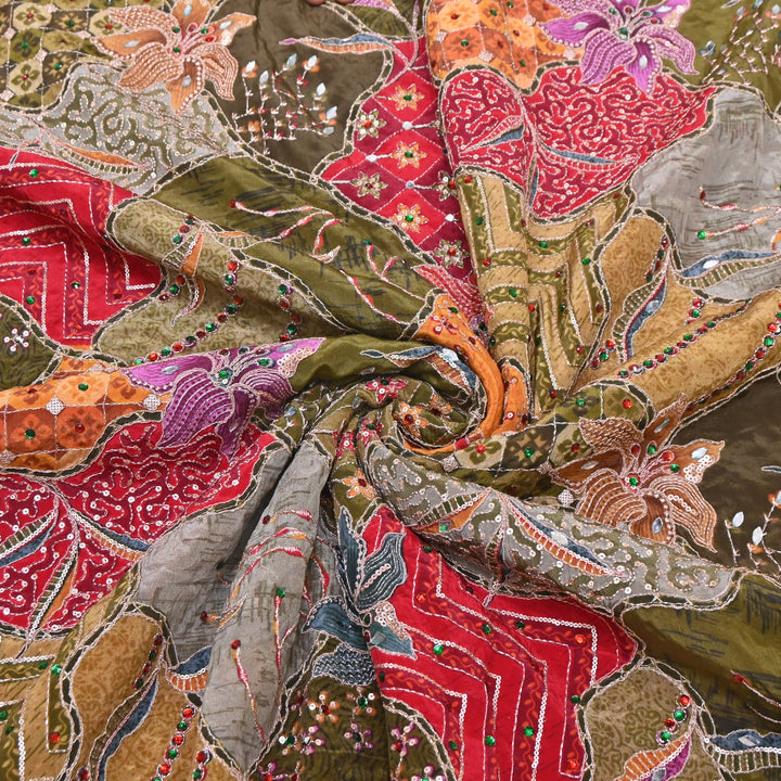 Multi Color Crape Position Print Handwork Sequins Embroidery Fabric | PS0705-06
