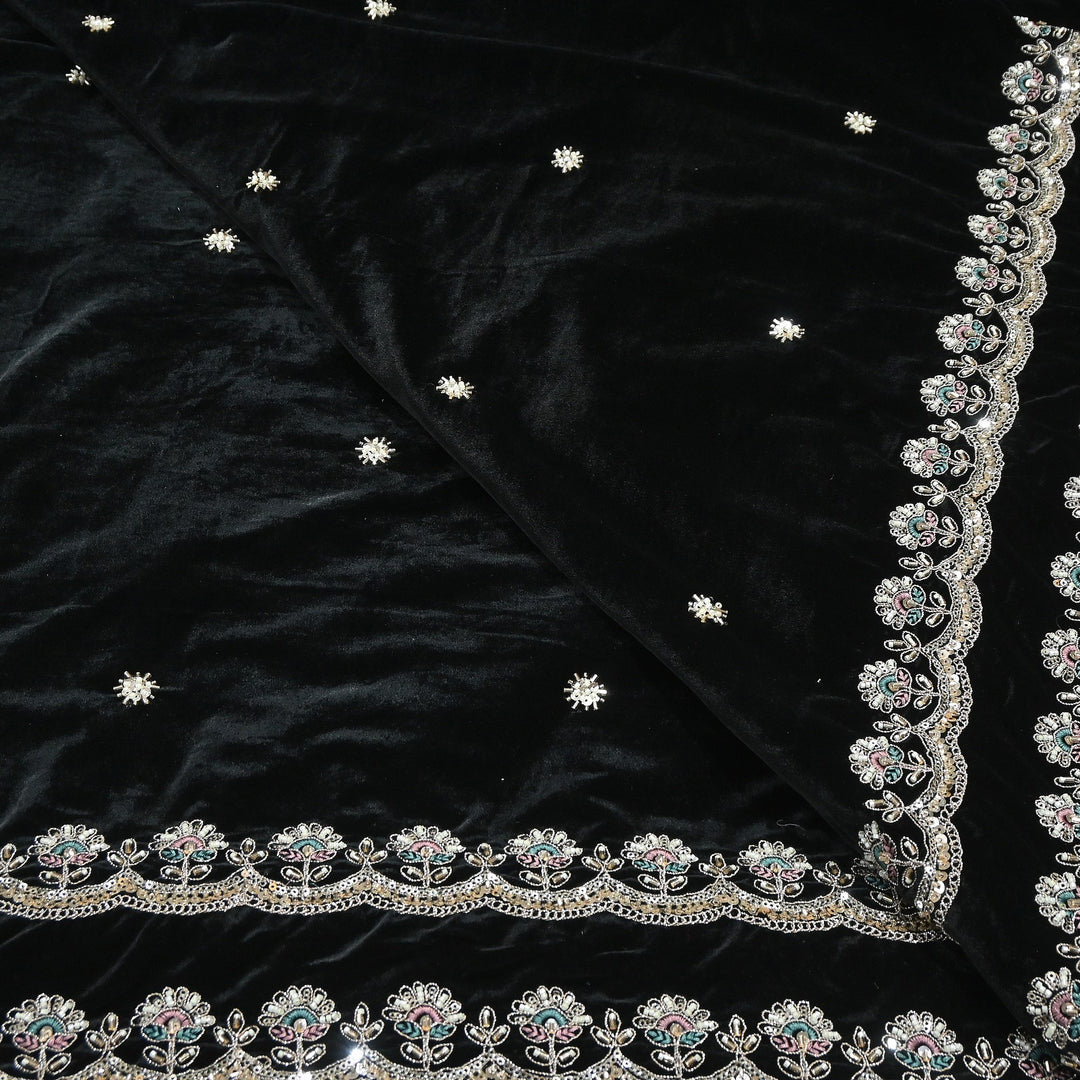 Premium Velvet Zari Moti & Sequins Embroidery Fabric – Luxury Designer Velvet Fabric | KO71432