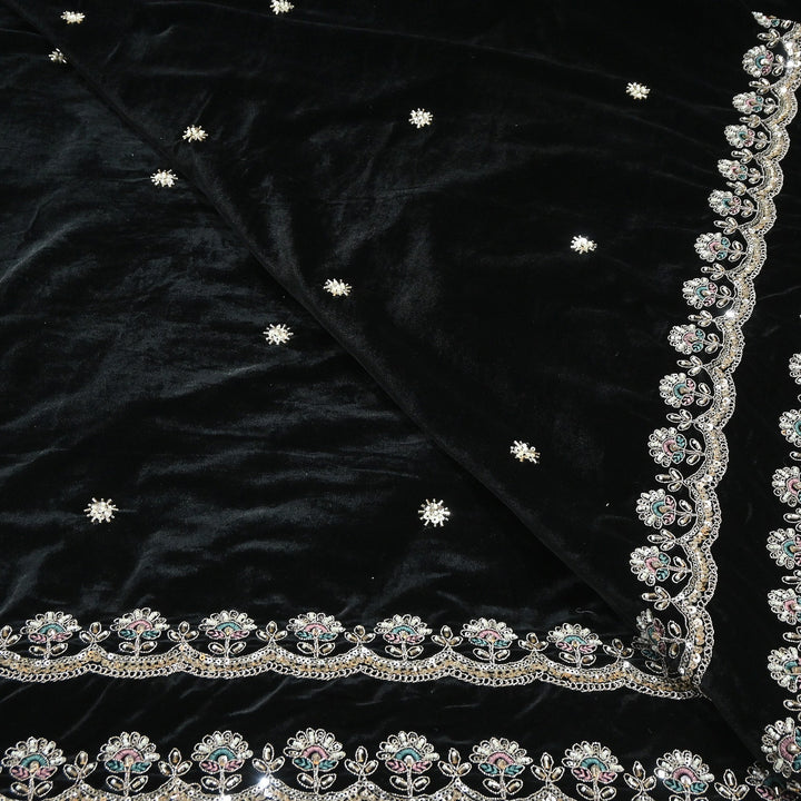 Premium Velvet Zari Moti & Sequins Embroidery Fabric – Luxury Designer Velvet Fabric | KO71432