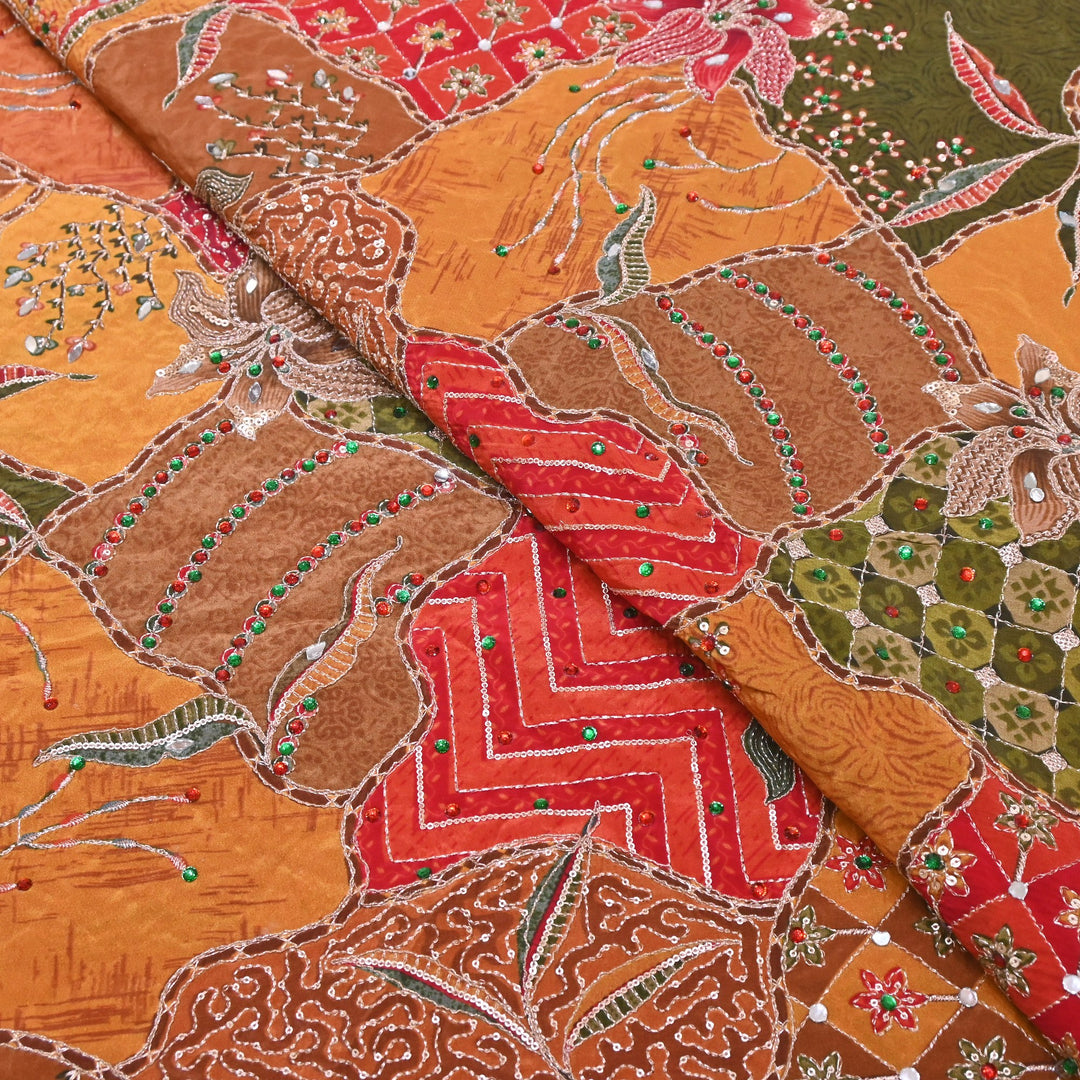 Multi Color Crape Position Print Handwork Sequins Embroidery Fabric | PS0705-07