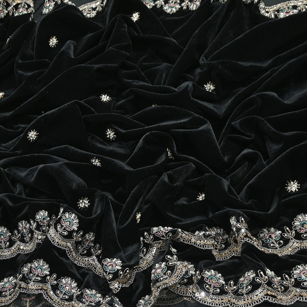 Premium Velvet Zari Moti & Sequins Embroidery Fabric – Luxury Designer Velvet Fabric | KO71432