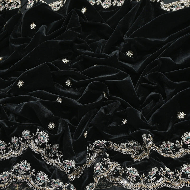 Premium Velvet Zari Moti & Sequins Embroidery Fabric – Luxury Designer Velvet Fabric | KO71432