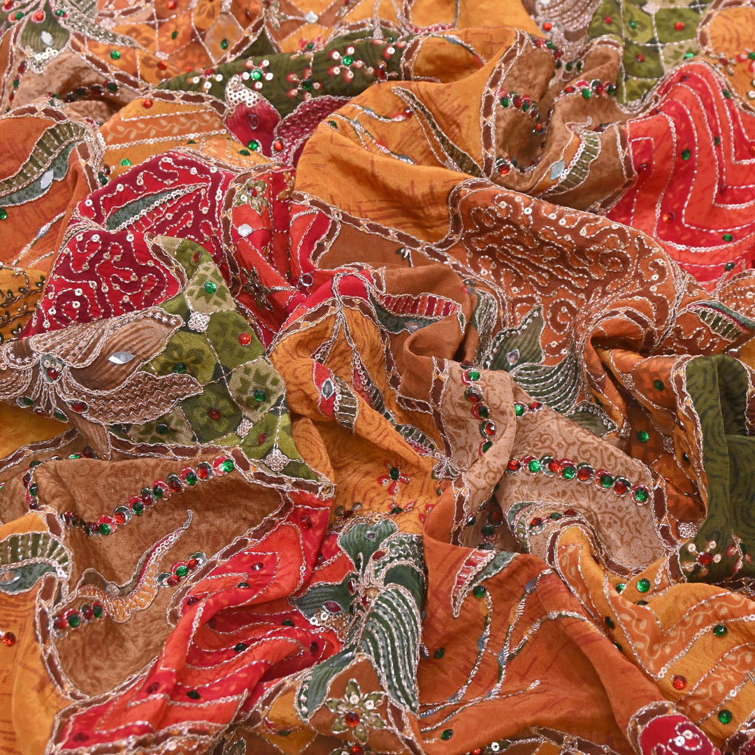 Multi Color Crape Position Print Handwork Sequins Embroidery Fabric | PS0705-07