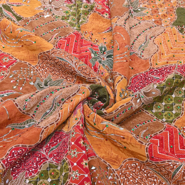Multi Color Crape Position Print Handwork Sequins Embroidery Fabric | PS0705-07