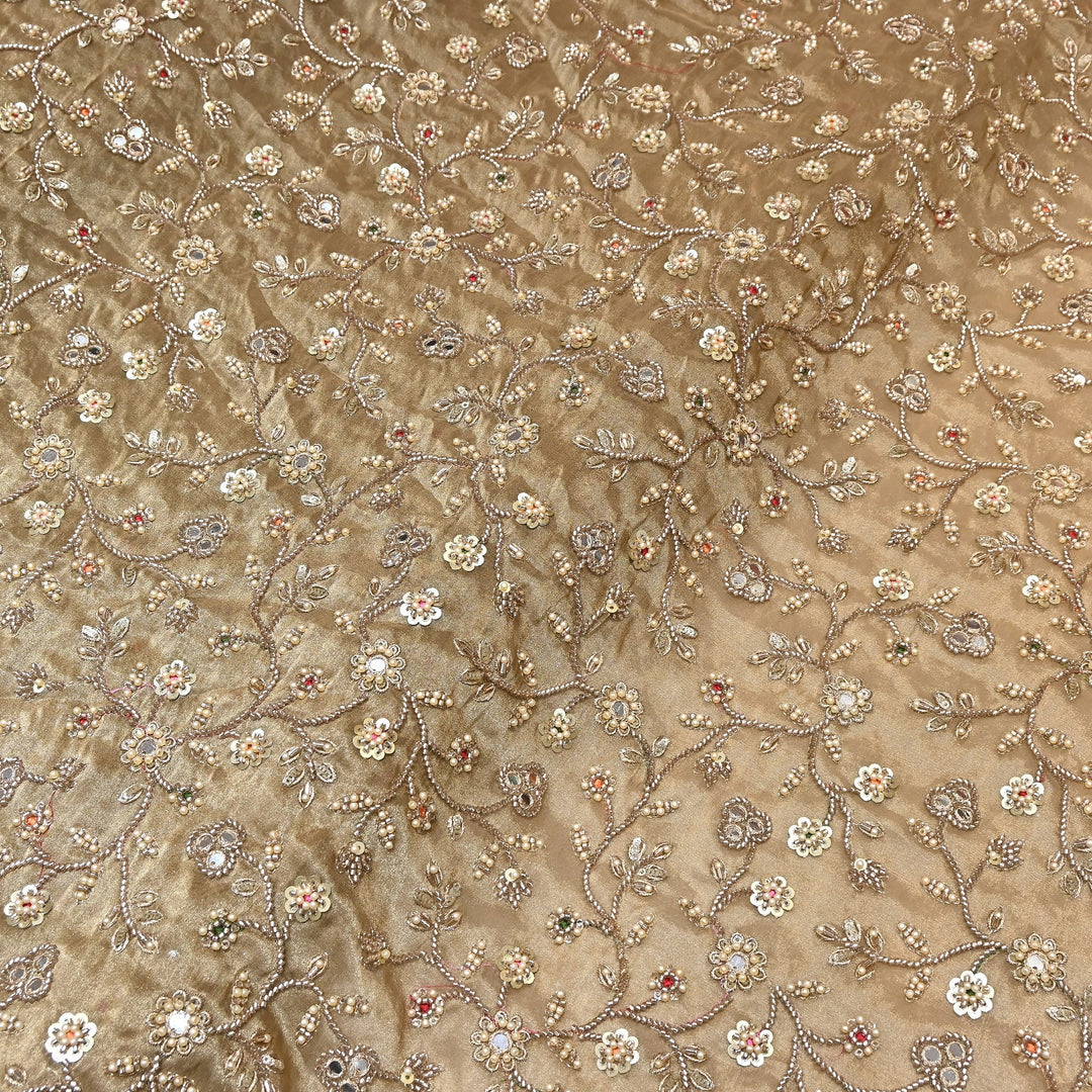 Premium Bamber Tissue Zari & Mirror Embroidery Fabric – Premium Designer Tissue Fabric V2564C-1