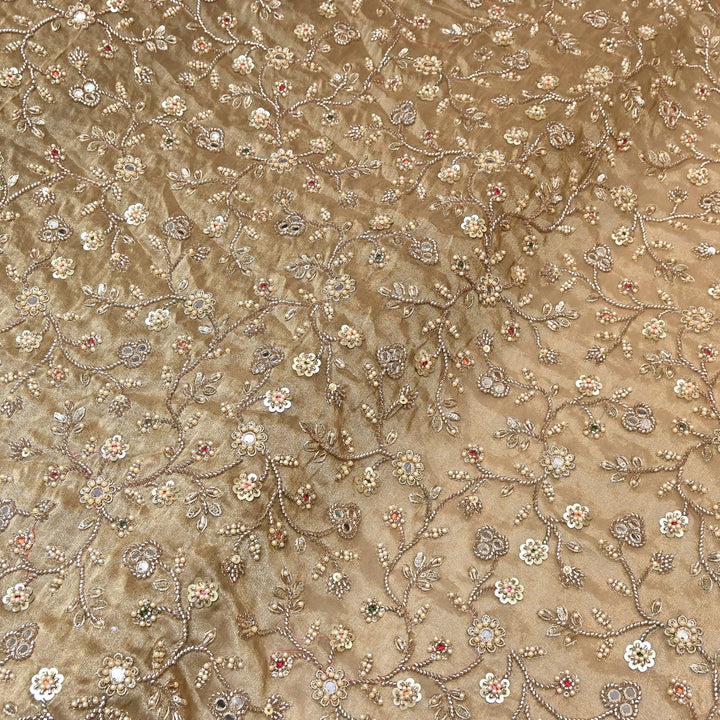 Premium Bamber Tissue Zari & Mirror Embroidery Fabric – Premium Designer Tissue Fabric V2564C-1