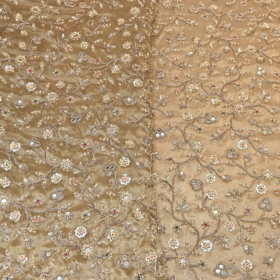 Premium Bamber Tissue Zari & Mirror Embroidery Fabric – Premium Designer Tissue Fabric V2564C-1