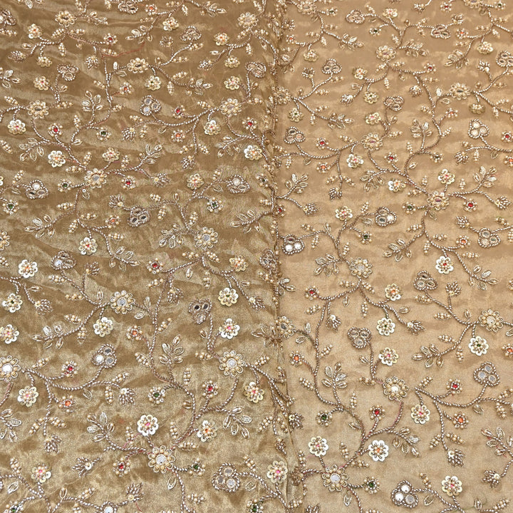 Premium Bamber Tissue Zari & Mirror Embroidery Fabric – Premium Designer Tissue Fabric V2564C-1