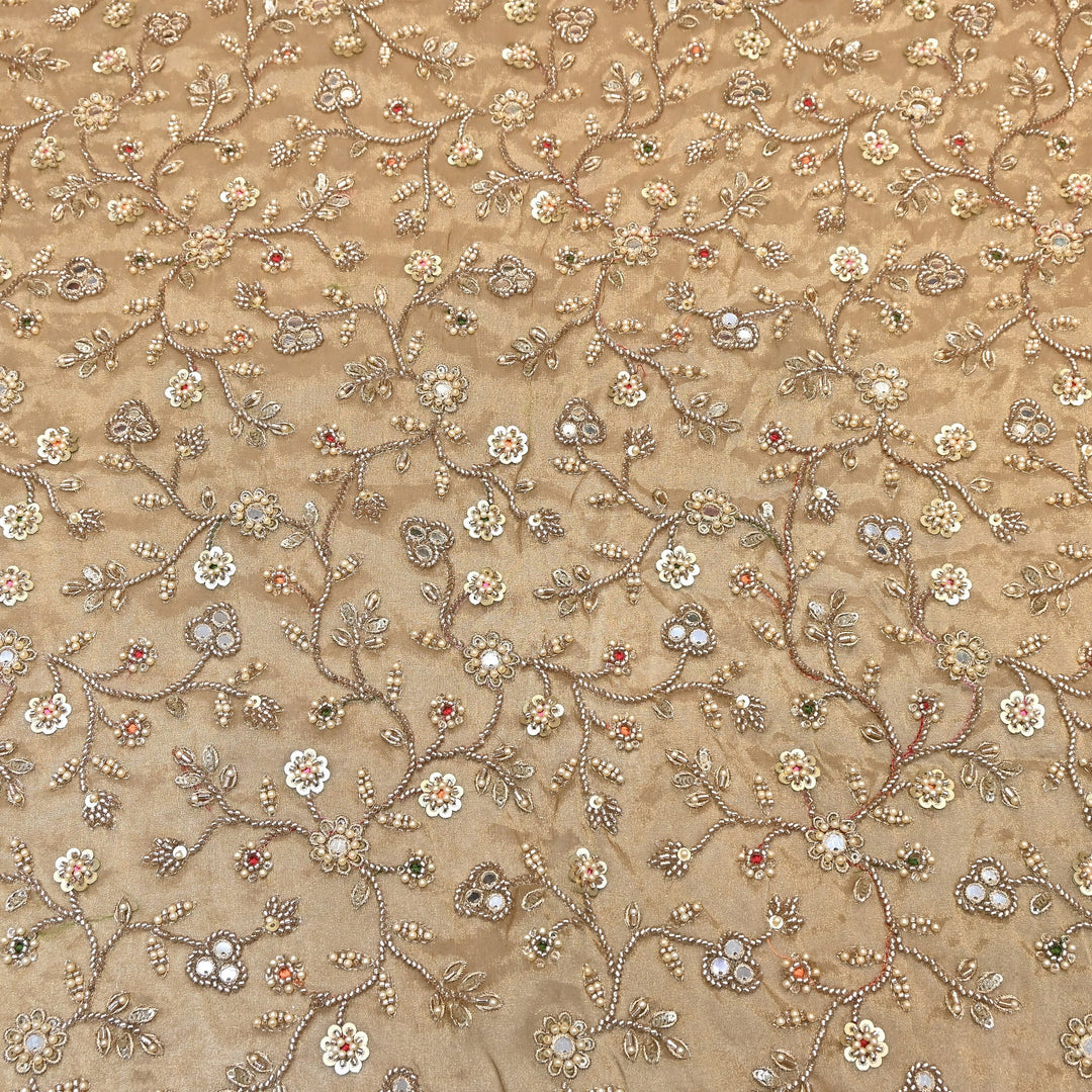 Premium Bamber Tissue Zari & Mirror Embroidery Fabric – Premium Designer Tissue Fabric V2564C-1