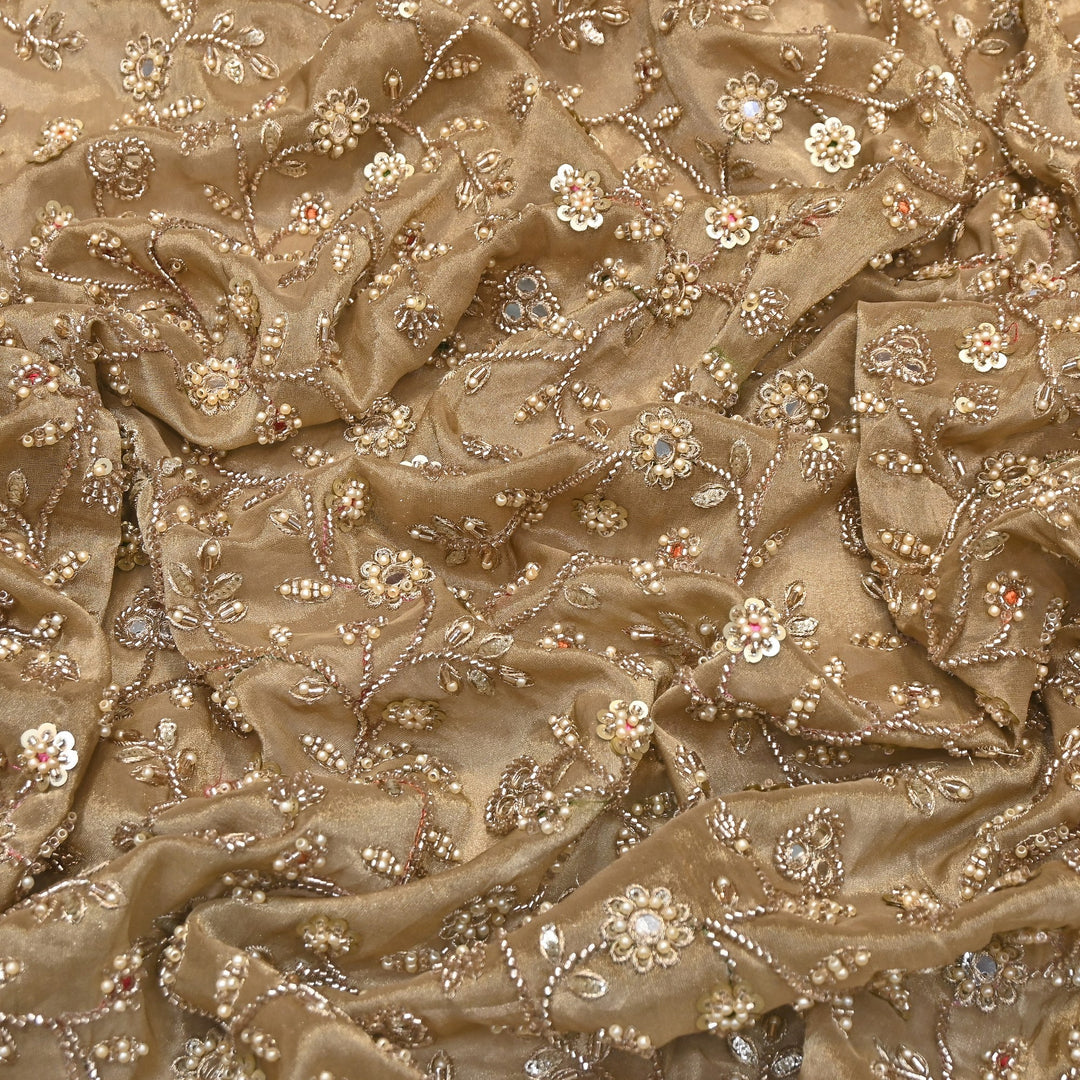 Premium Bamber Tissue Zari & Mirror Embroidery Fabric – Premium Designer Tissue Fabric V2564C-1