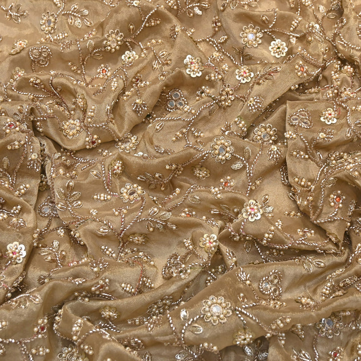Premium Bamber Tissue Zari & Mirror Embroidery Fabric – Premium Designer Tissue Fabric V2564C-1