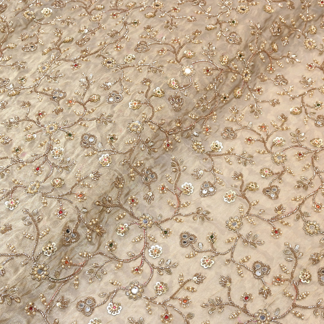 Premium Bamber Tissue Zari & Mirror Embroidery Fabric – Premium Designer Tissue Fabric V2564C-2