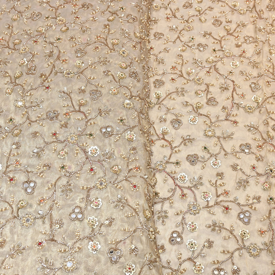 Premium Bamber Tissue Zari & Mirror Embroidery Fabric – Premium Designer Tissue Fabric V2564C-2