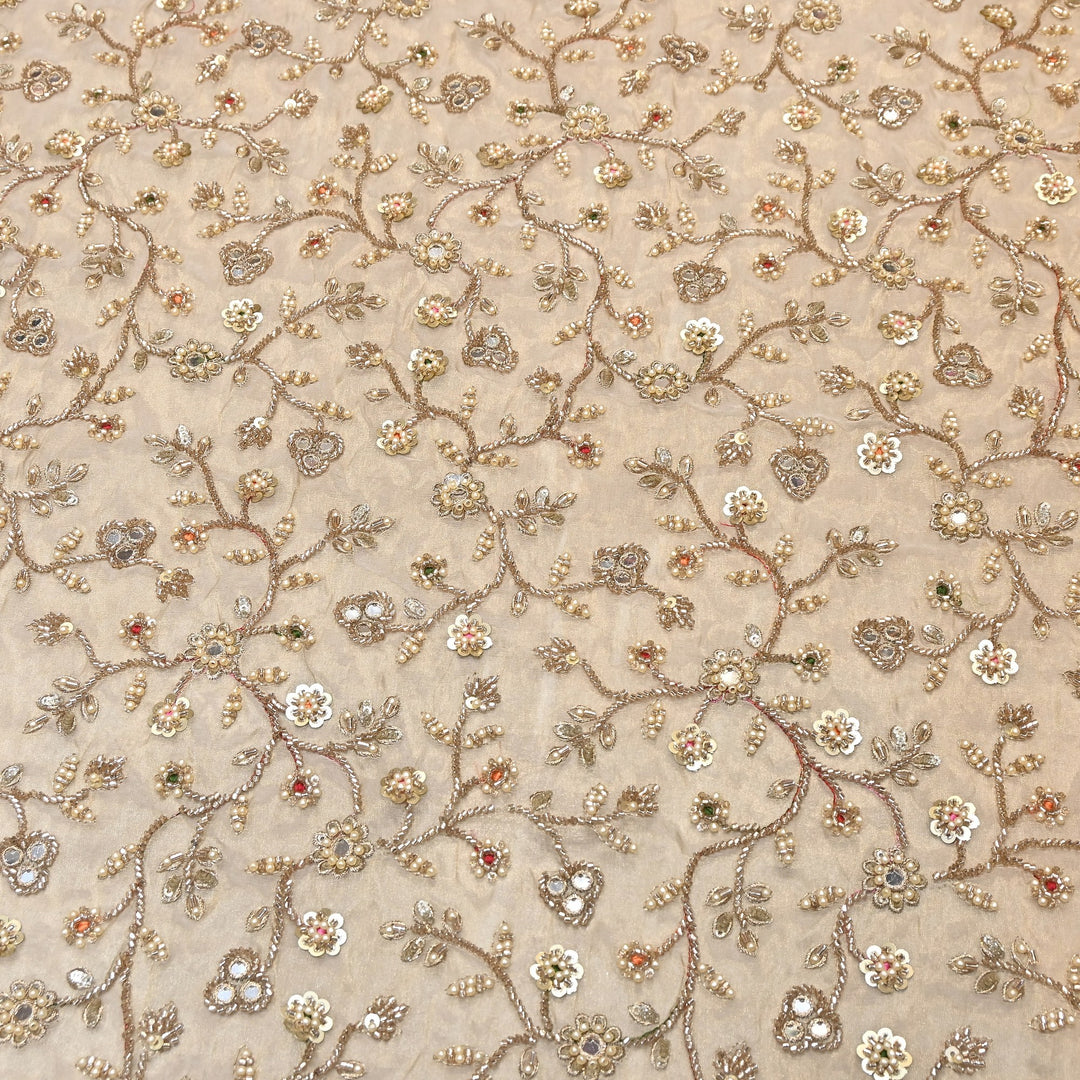 Premium Bamber Tissue Zari & Mirror Embroidery Fabric – Premium Designer Tissue Fabric V2564C-2