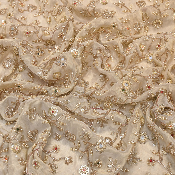 Premium Bamber Tissue Zari & Mirror Embroidery Fabric – Premium Designer Tissue Fabric V2564C-2