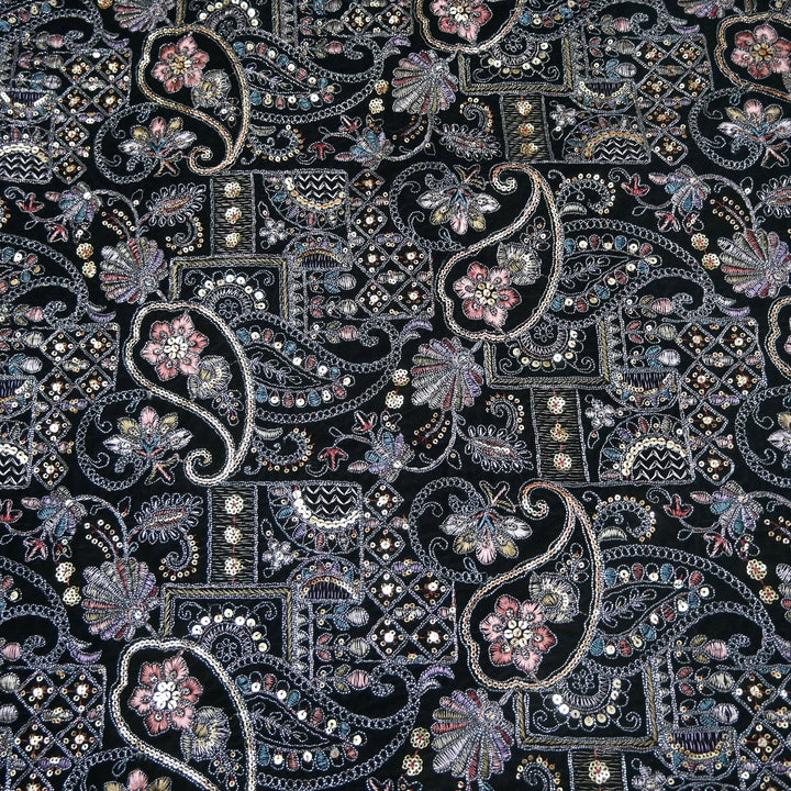 Velvet Thread With Zari Sequins Embroidery Fabric