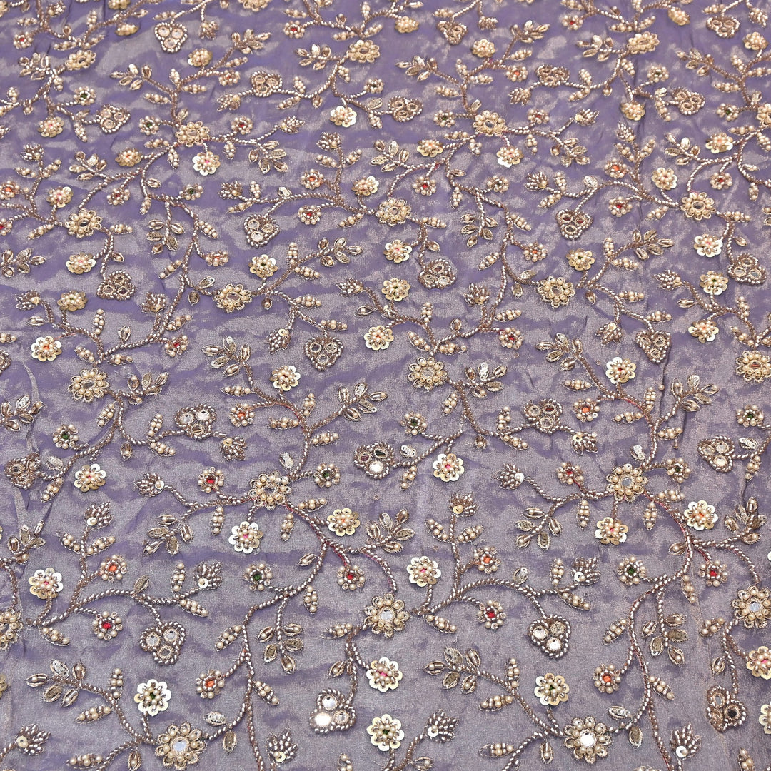 Premium Bamber Tissue Zari & Mirror Embroidery Fabric – Premium Designer Tissue Fabric V2564C-3