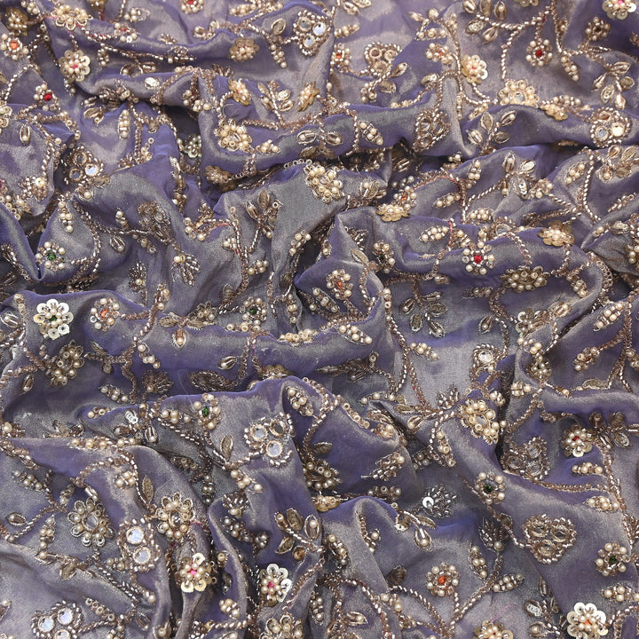 Premium Bamber Tissue Zari & Mirror Embroidery Fabric – Premium Designer Tissue Fabric V2564C-3