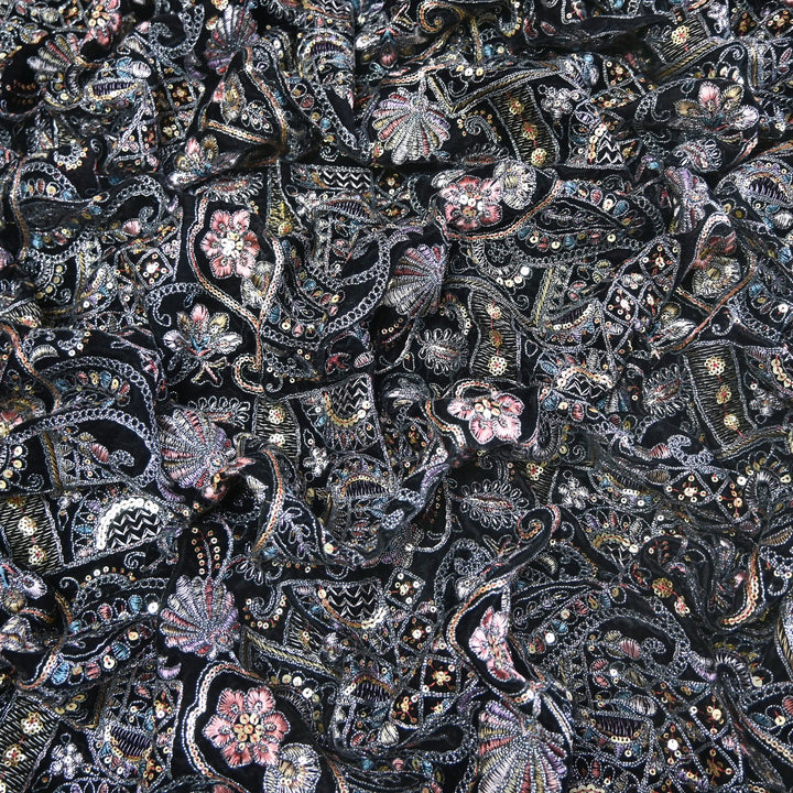 Velvet Thread With Zari Sequins Embroidery Fabric