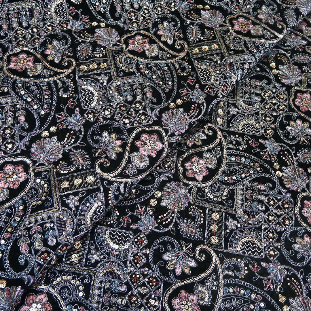 Velvet Thread With Zari Sequins Embroidery Fabric