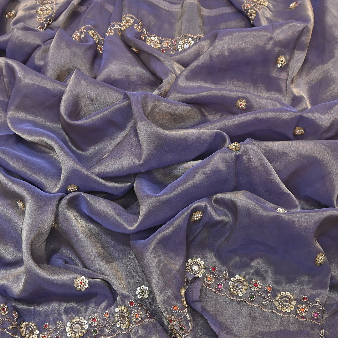Bamber Tissue Zari & Mirror Work Embroidery Fabric | Designer Fabric - V2650C-3