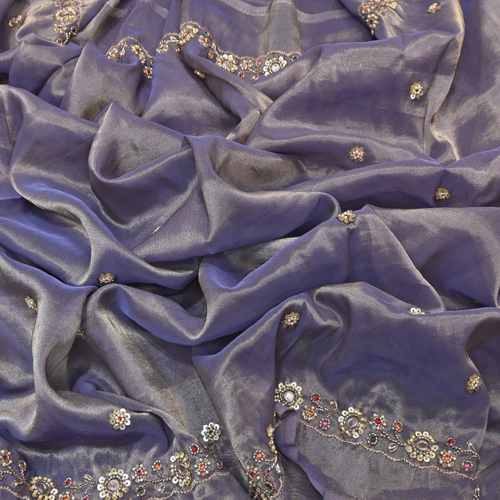 Bamber Tissue Zari & Mirror Work Embroidery Fabric | Designer Fabric - V2650C-3