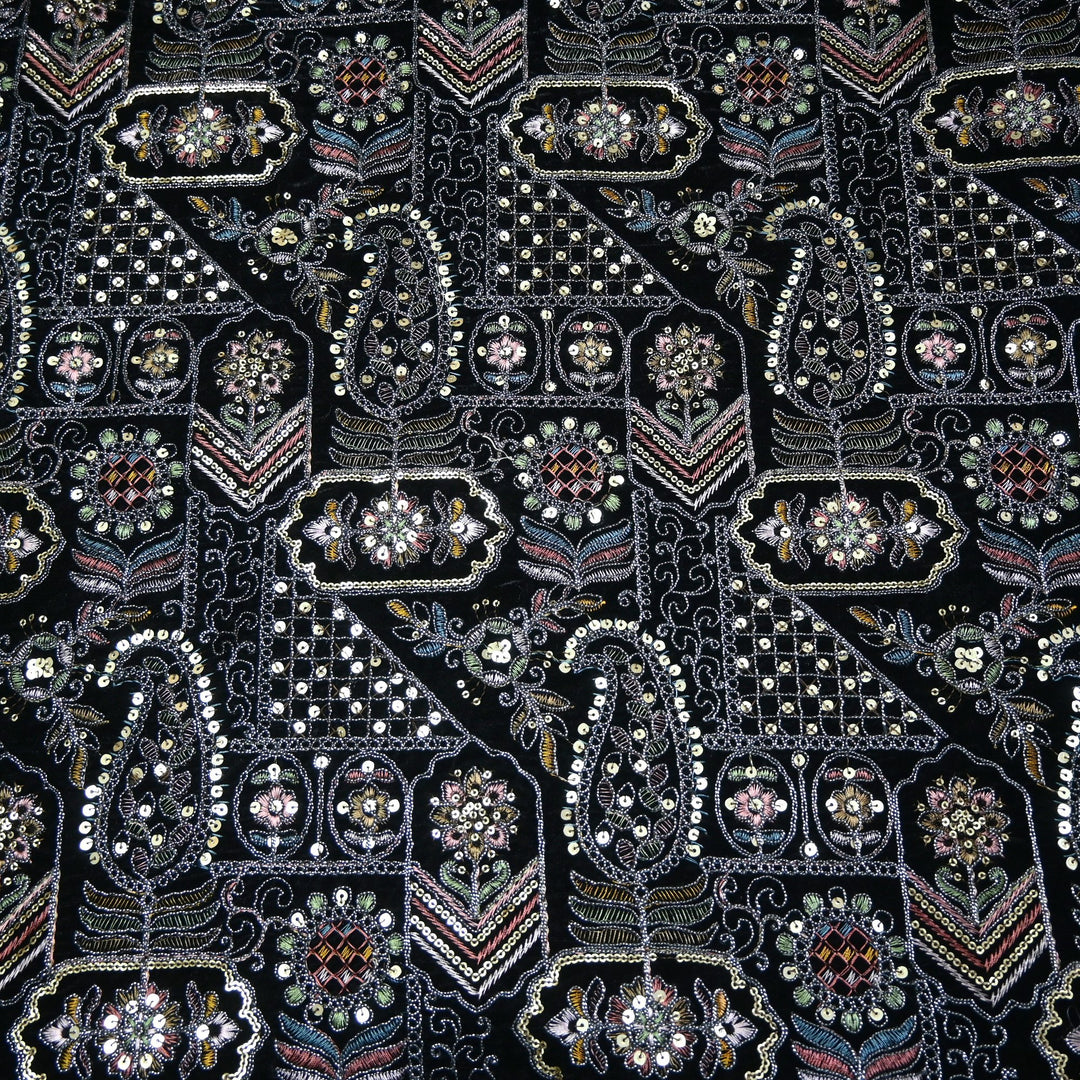 Velvet Thread With Zari Sequins Embroidery Fabric