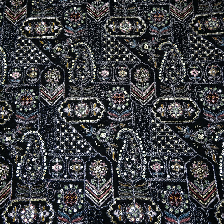 Velvet Thread With Zari Sequins Embroidery Fabric