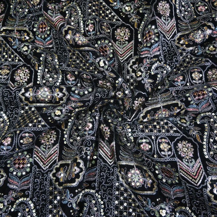Velvet Thread With Zari Sequins Embroidery Fabric