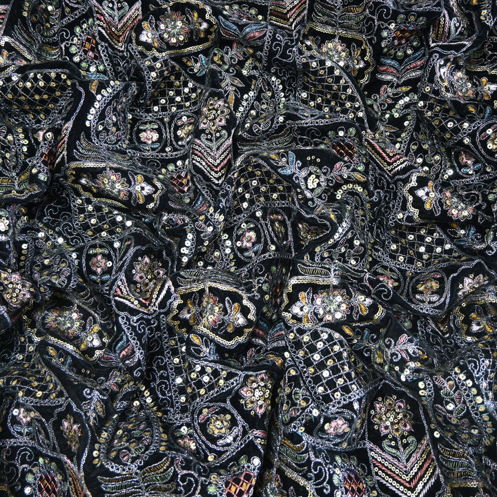 Velvet Thread With Zari Sequins Embroidery Fabric