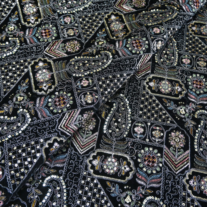 Velvet Thread With Zari Sequins Embroidery Fabric