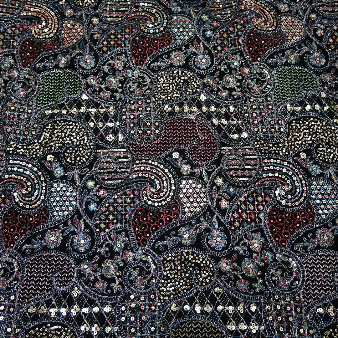 Velvet Thread With Zari Sequins Embroidery Fabric