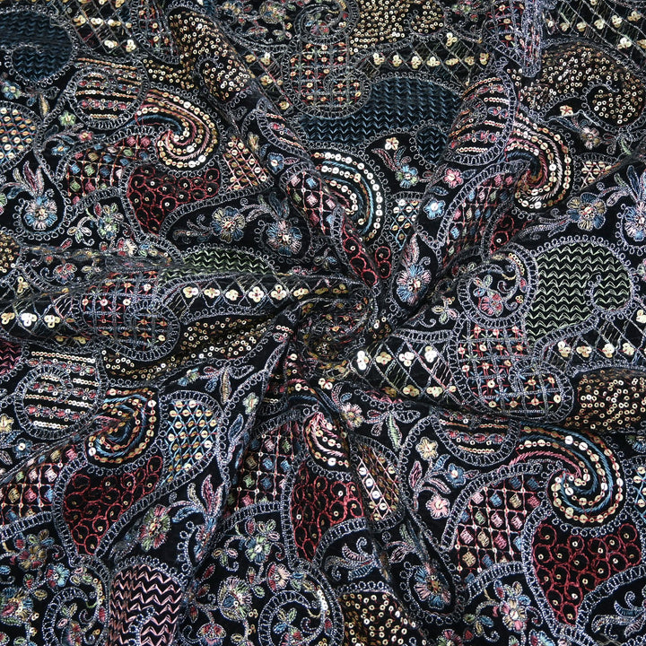 Velvet Thread With Zari Sequins Embroidery Fabric