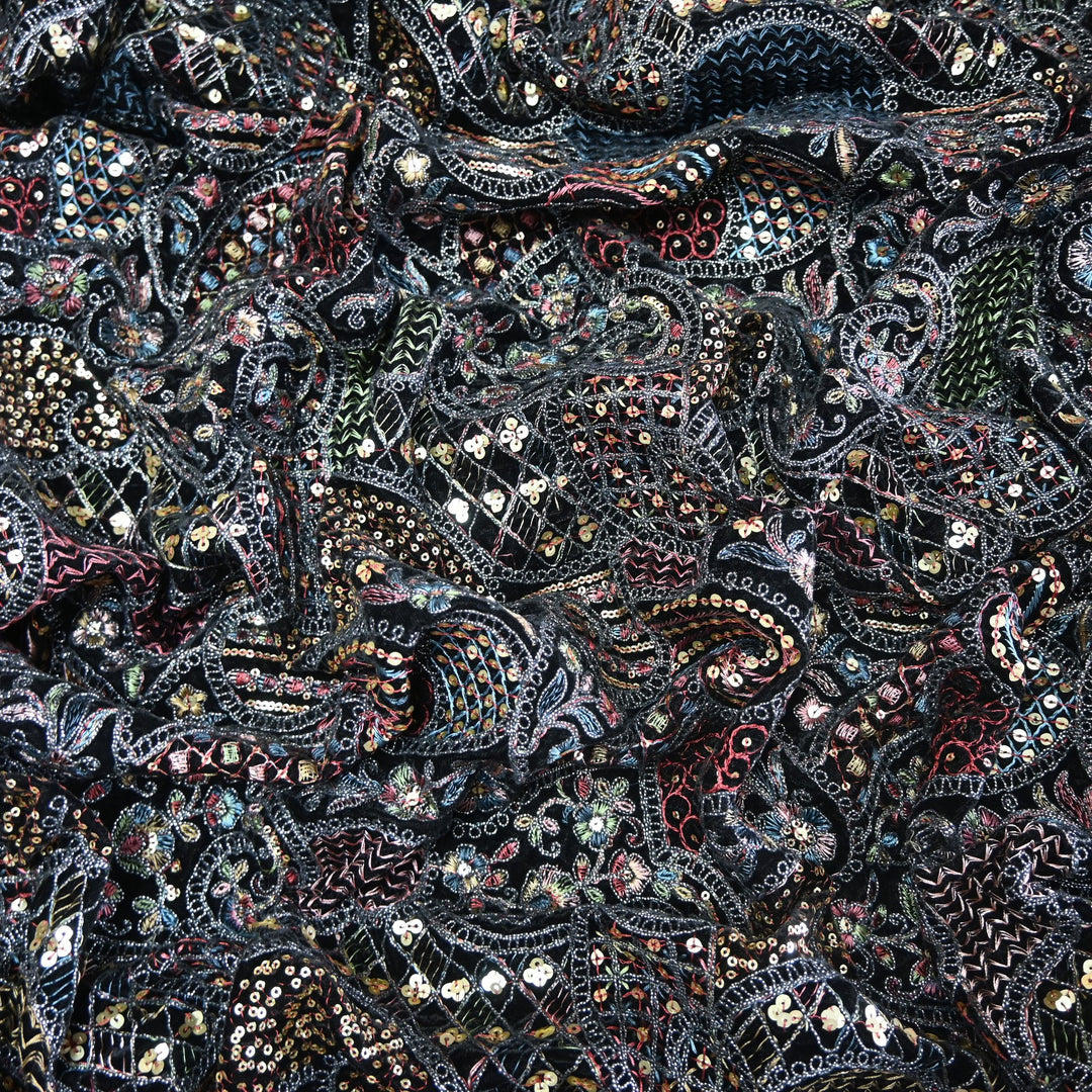 Velvet Thread With Zari Sequins Embroidery Fabric
