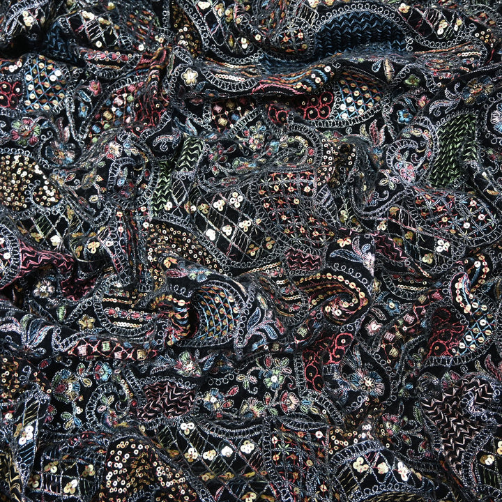 Velvet Thread With Zari Sequins Embroidery Fabric