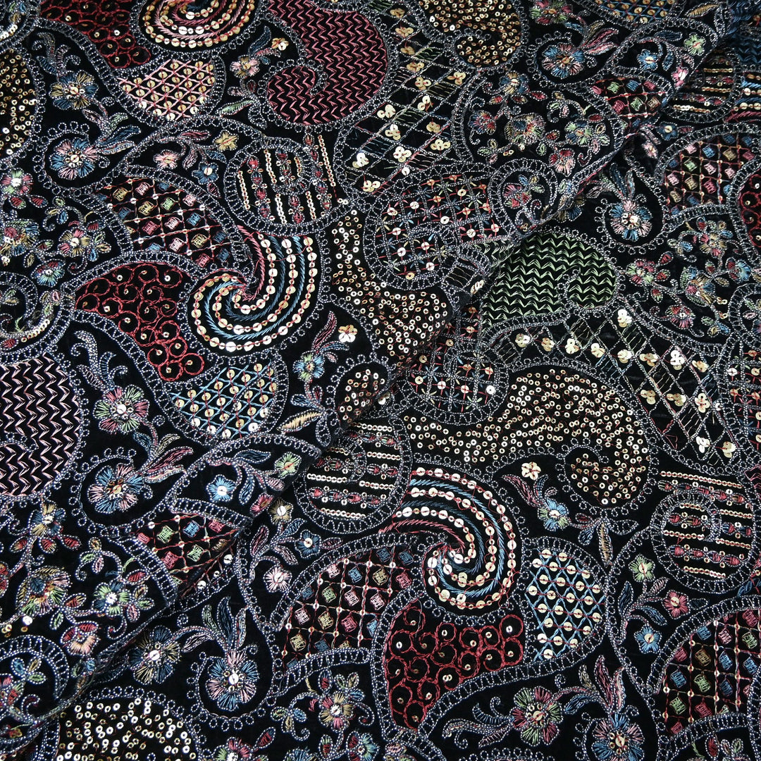 Velvet Thread With Zari Sequins Embroidery Fabric