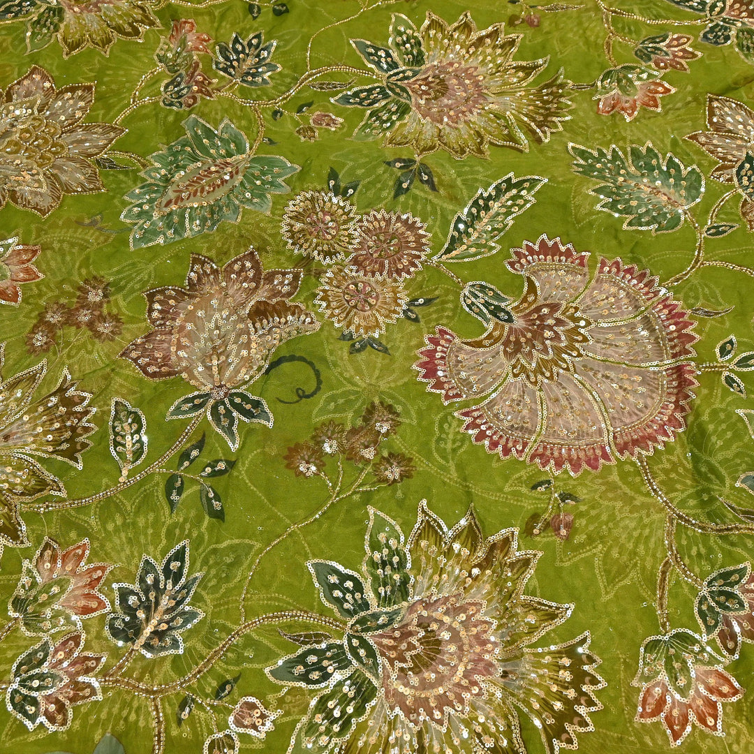 Dyed Viscose Organza Fabric with Position Print, Moti & Sequin Embroidery | H16890-1