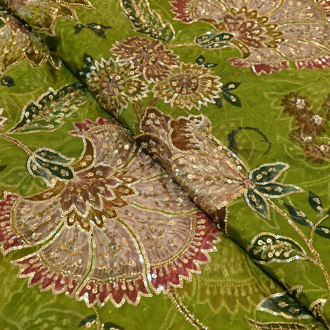 Dyed Viscose Organza Fabric with Position Print, Moti & Sequin Embroidery | H16890-1