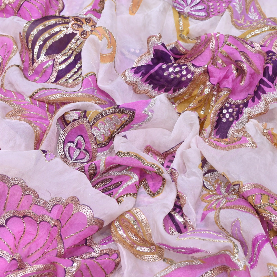 Premium Viscose Organza Position Print Zari & Sequins Embroidery Fabric | Designer Fabric | V2802C-04