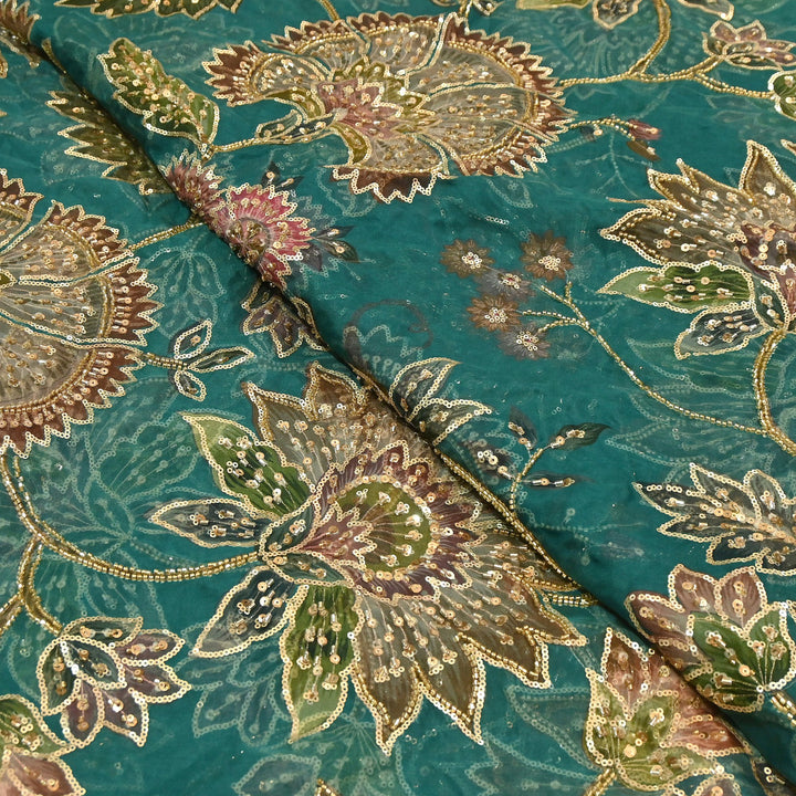 Dyed Viscose Organza Fabric with Position Print, Moti & Sequin Embroidery | H16890-2