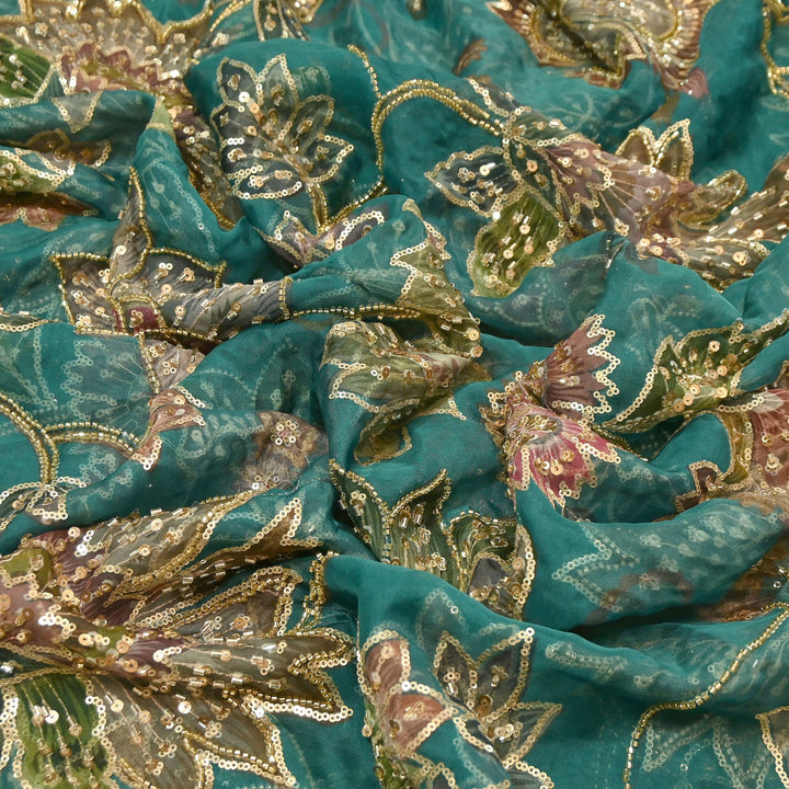 Dyed Viscose Organza Fabric with Position Print, Moti & Sequin Embroidery | H16890-2