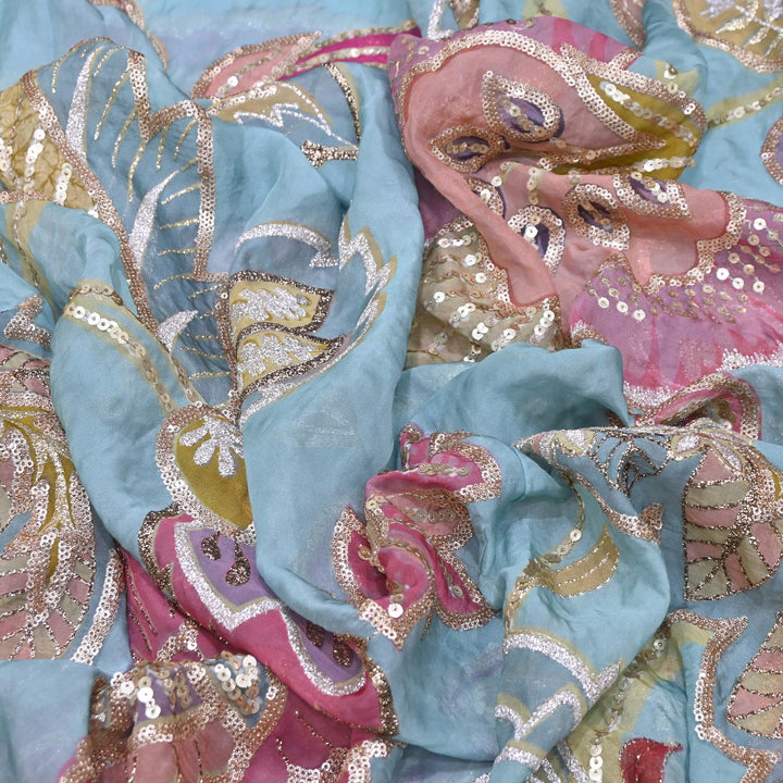 Premium Viscose Organza Position Print Zari & Sequins Embroidery Fabric | Designer Fabric | V2802C-03